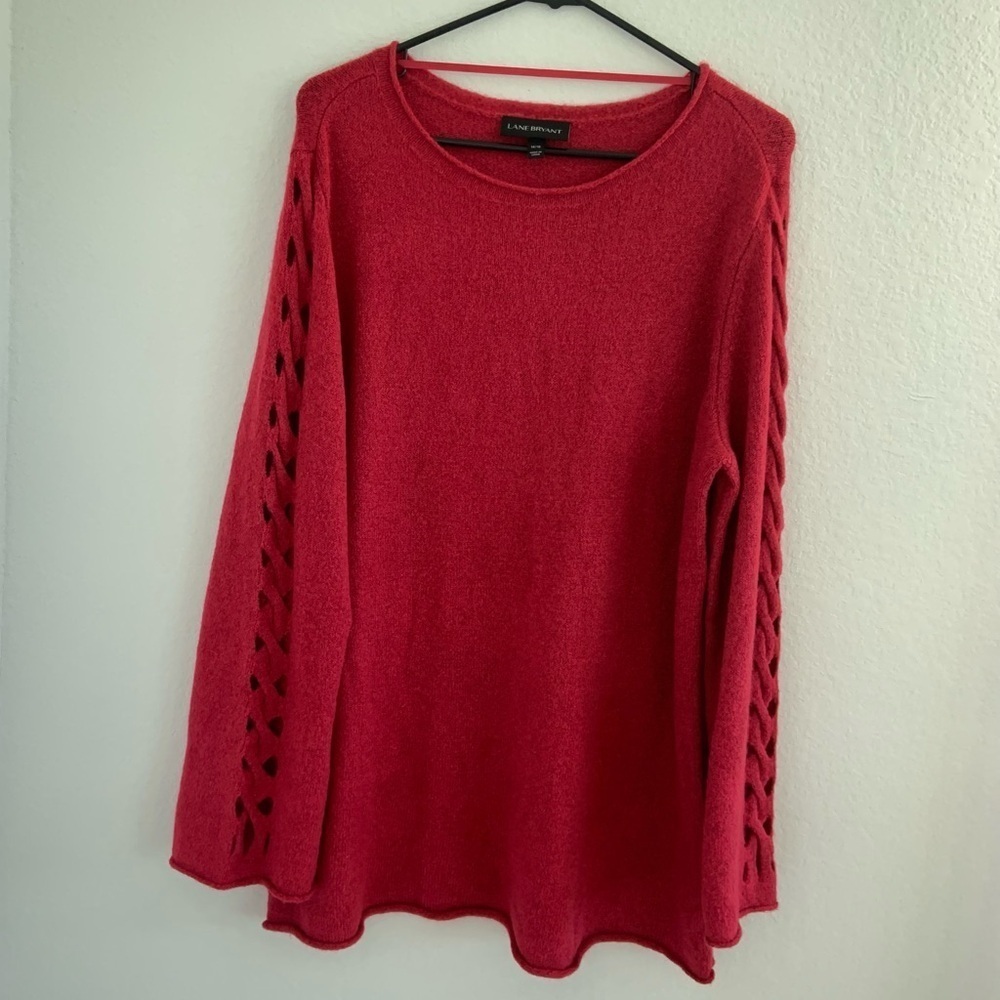 Lane Bryant Fuchsia Pink Lattice Cut Out Long Sleeve Shimmer Sweater NWT - Picture 5 of 15